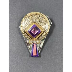 Vintage Artisanal Mirror Glass Rhinestone Brooch Pin Signed CR ‘93